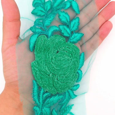Cyan Green Soft Net Fabric Lace Trim with Floral Embroidery, Lace Trim, Sari Border